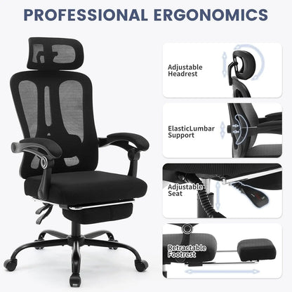 Ergonomic Office Chair With Adjustable Lumbar Support & Footrest, High-Back Mesh Gaming Chair With Tilt Mechanism For Home