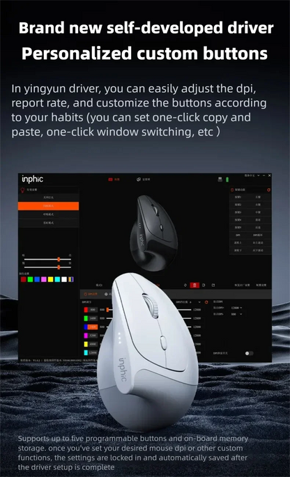 Inphic X9 PRO függőleges vezeték nélküli egér Type-C gyorstöltéssel, ergonomikus, halk irodai egér laptophoz, PC-hez, számítógéphez és gaminghez