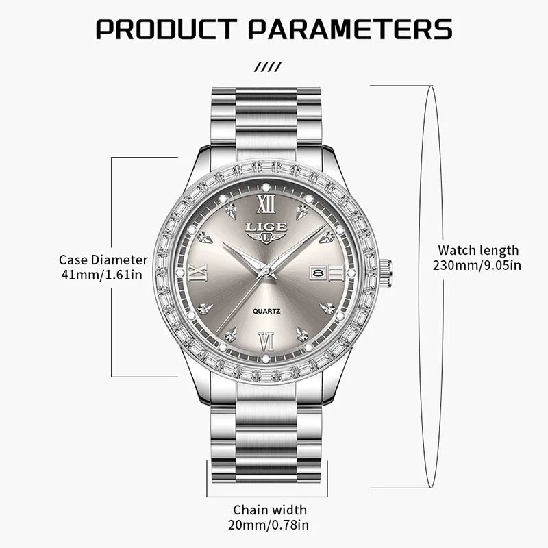 LIGE elegant women's watch Fashion waterproof clock luminous stainless steel business quartz watch for Women reloj de mujer+BOX