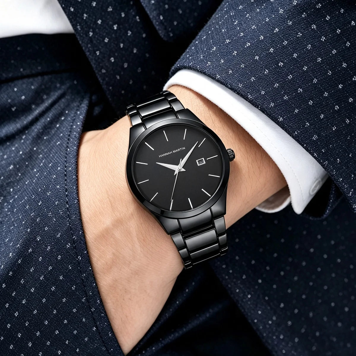 Hannah Martin herenhorloge, roestvrijstalen kast, quartz uurwerk, wijzerplaat van 41 mm, zakelijke stijl, met kalenderweergave (imitatie)