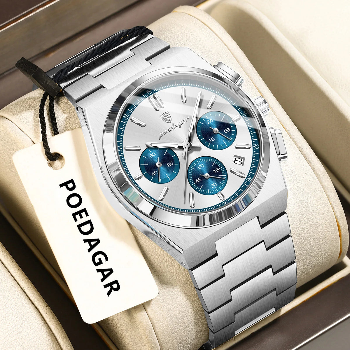 POEDAGAR herenhorloge – Luxe chronograaf van roestvrij staal, met datum, waterdicht en lichtgevend – Sportief quartz-polshorloge