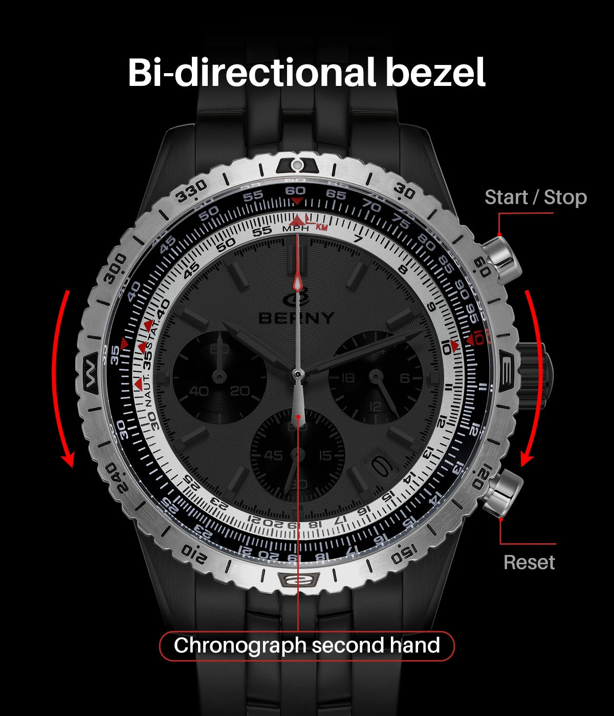 BERNY Chronograph Watches for Men Aviation Multifunction Quartz Men's Watch Date Sapphire Super Luminous Luxury Wristwatch