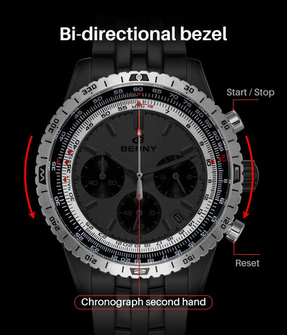 BERNY Chronograph Watches for Men Aviation Multifunction Quartz Men's Watch Date Sapphire Super Luminous Luxury Wristwatch