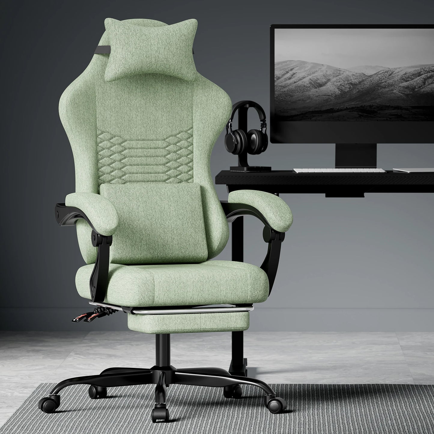 Dark Gray Fabric Gaming Chair Ergonomic Racing Office Chair with Massage, Footrest, Adjustable Headrest & Lumbar Support for PC Gaming