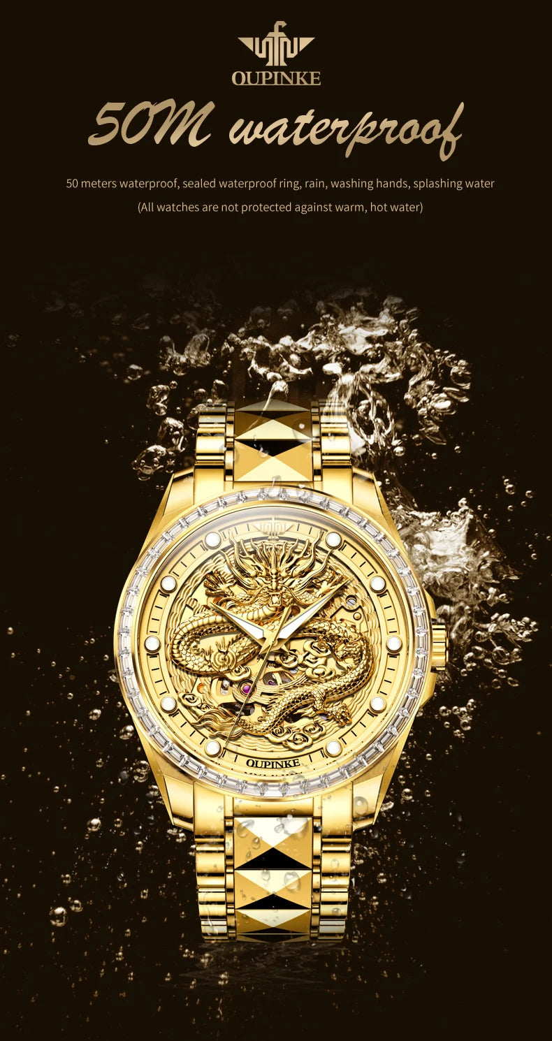 OUPINKE Herrenarmbanduhr, Top-Marke, Luxus, Gold, Wolframstahl, originale automatische mechanische Armbanduhr mit Zifferblatt im Drachenmuster