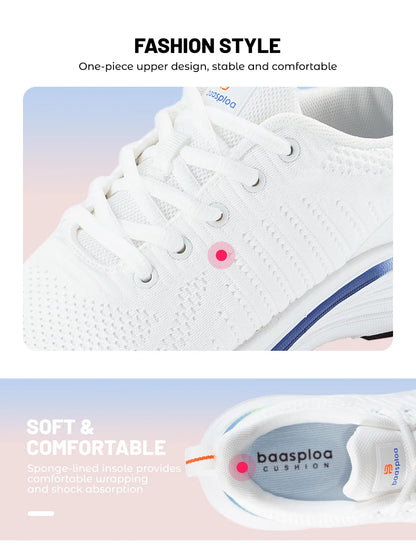 Baasploa Women Sport Shoes Comfort Lightweight Running Shoes for Women Mesh Breathable Casual Sneakers White Walking Sneakers
