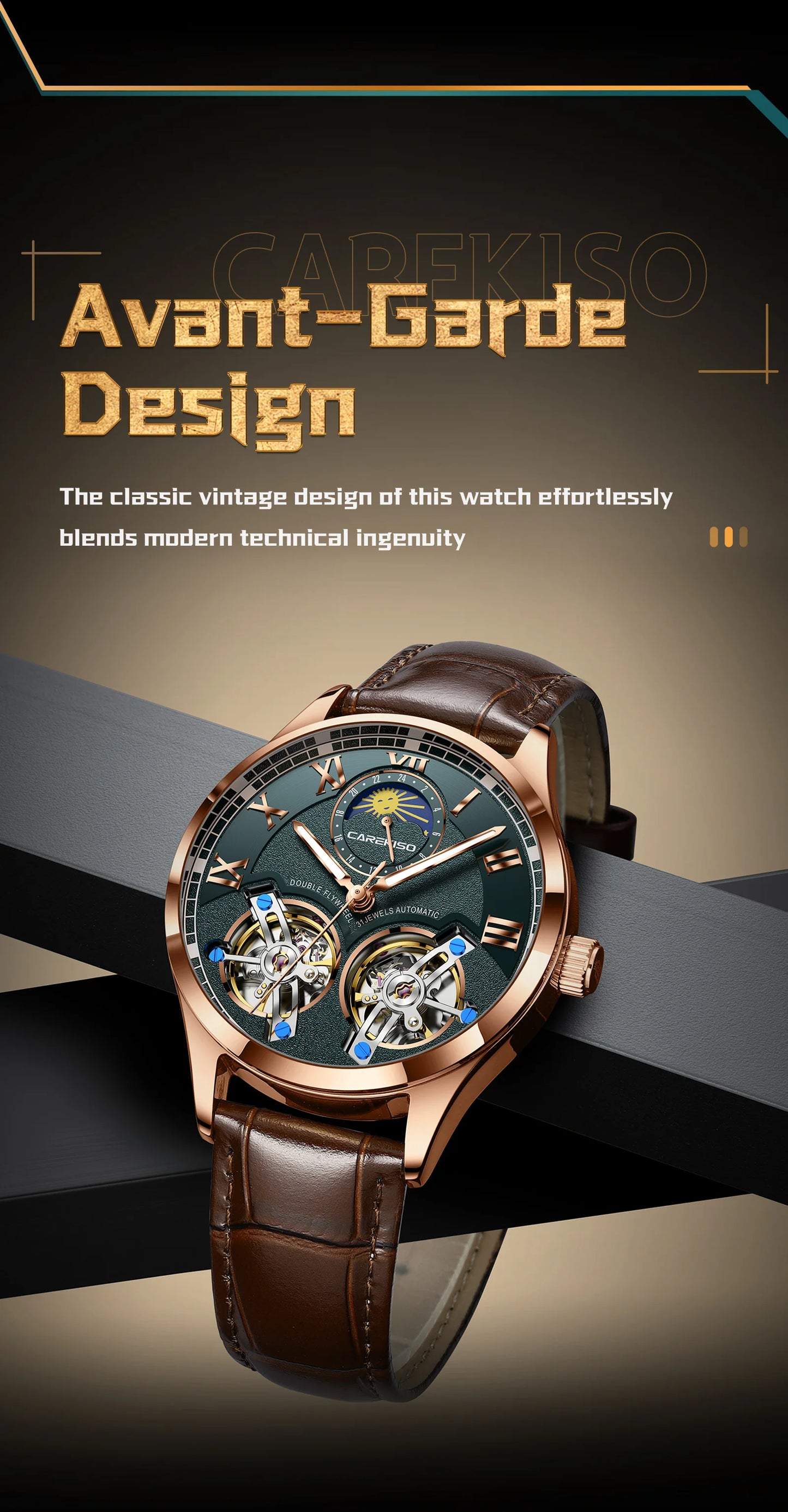 CAREKISO Fashion Men's Clock Double Hollow Tourbillon Automatic Mechanical Man Watch Waterproof Luminous Leather Men's Watches+Box