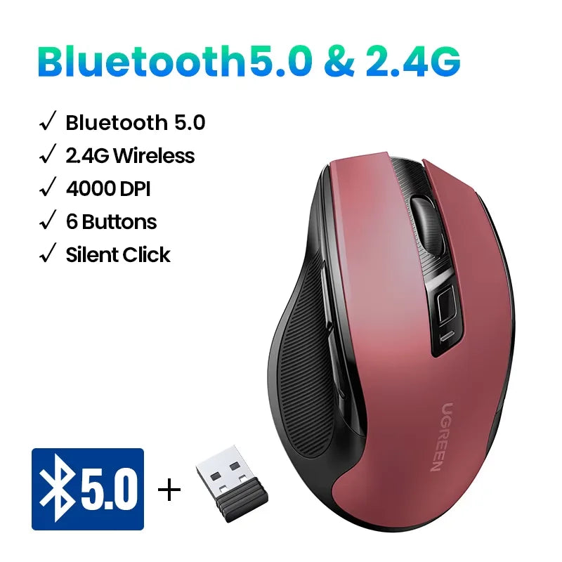 Bezdrátová myš UGREEN Bluetooth 5.0, ergonomická myš 4000 DPI se 6 tichými tlačítky pro MacBook, tablet, notebook, počítač PC, 2.4G myši
