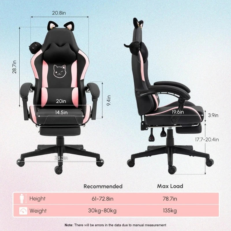 Cuki gamer szék macskafülekkel, lábtartóval, rózsaszín kawaii számítógépes szék, ergonomikus, magas háttámlás gamer ülés macskamancsos deréktámasszal