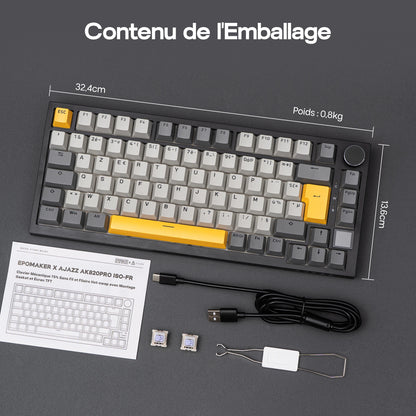 ISO-FR Layout EPOMAKER X AJAZZ AK820 PRO 75% AZERTY French Hot-Swap Wired/BT/2.4GHz Wireless Mechanical Keyboard for Win/Mac/PC