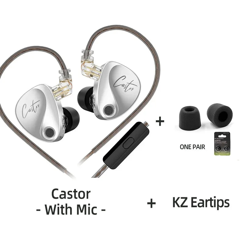 KZ Castor Wired Earbuds HiFi Bass Earphones with Dual Dynamic Drivers, Tunable Balanced Armature In-Ear Headphones, High Resolution Audio Earbuds