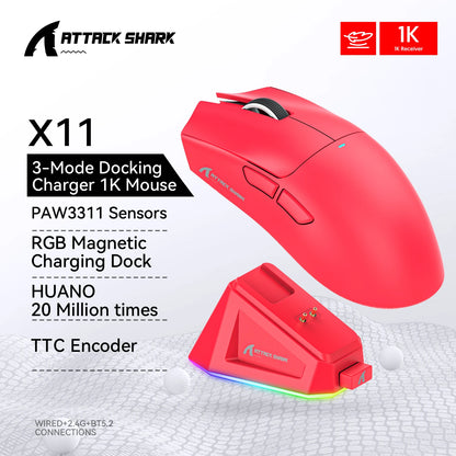 Mouse da gaming ATTACK SHARK X11 e mouse wireless X11 SE 22000 DPI, sensore PAW3311, BT/2.4G/cablato, ultraleggero 59g, 2000W clic