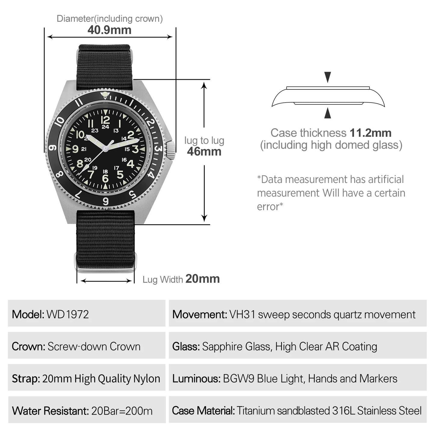 Watchdives WD1972 Men Watch VH31 Sweep Seconds Quartz Movement Sapphire  Stainless Steel Watches Waterproof Luminous Wristwatch