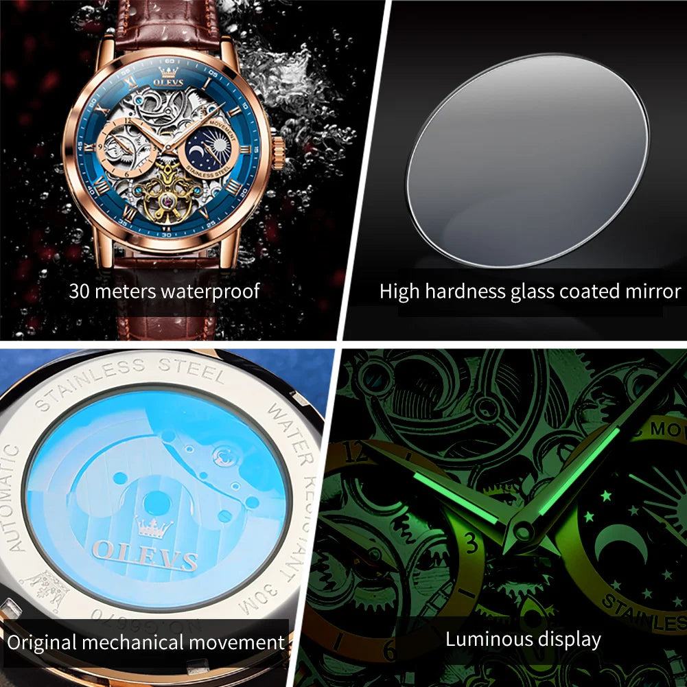OLEVS Top Brand Men's Skeleton Mechanical Watch, Waterproof Leather Strap, Moon Phase, Automatic Tourbillon Wristwatch