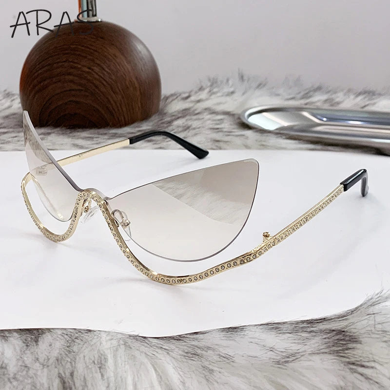 Sexy Cat Eye Rimless Sunglasses Women 2026 Luxury Brand Trendy Rhinestone Sun Glasses Punk Metal Frame Eyewear Outdoor Shades