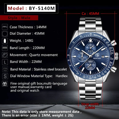 Men Watch BENYAR Top Brand Luxury Full Steel Business Quartz Watch Men Casual Waterproof Sports Watches Clock Relogio Masculino