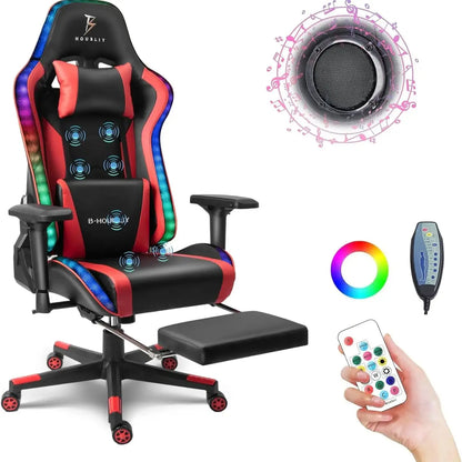 Massage Gaming Chair with Speakers and RGB LED Lights Ergonomic Computer Gaming Chair with Lumbar Support Swivel & Adjustable