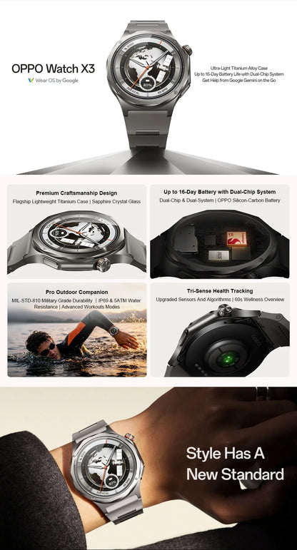 EU version OPPO watch X3 smartwatch Wear OS by Google Sleep 16-Day Battery Life SpO2 Blood Oxygen Monitoring IP69 Google Wallet