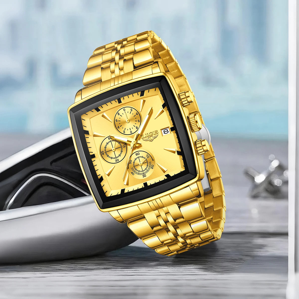 Relojes de lujo para hombre LIGE, modelo cuadrado, estilo clásico y moderno, de acero inoxidable, resistentes al agua, deportivos y desenfadados, con mecanismo de cuarzo.
