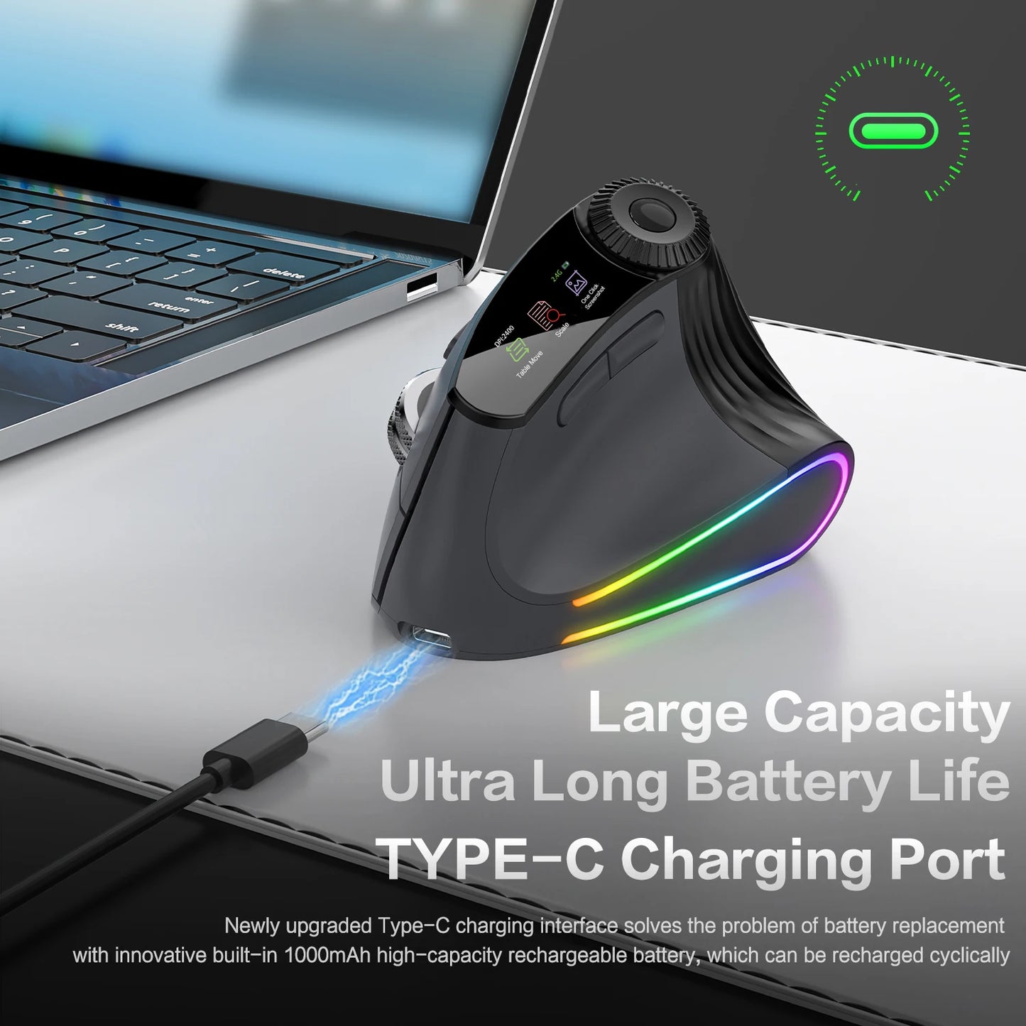 Jomaa RGB Φωτιζόμενο Ασύρματο Κάθετο Ποντίκι Speed Roller με Ρυθμιστικό Κουμπί Λειτουργιών, Bluetooth USB, Εργονομικό Ποντίκι με Αθόρυβο Κλικ