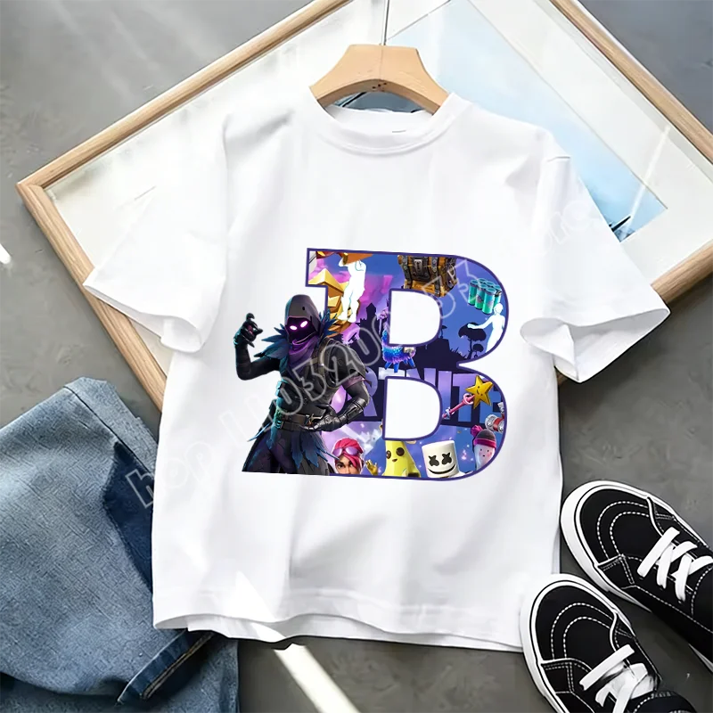 Тениска Fortnite A-Z Alphabet Print за деца, лятна бяла дреха, популярна тениска с анимационна игра, модерен ежедневен топ с къс ръкав, подарък