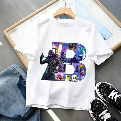 Тениска Fortnite A-Z Alphabet Print за деца, лятна бяла дреха, популярна тениска с анимационна игра, модерен ежедневен топ с къс ръкав, подарък