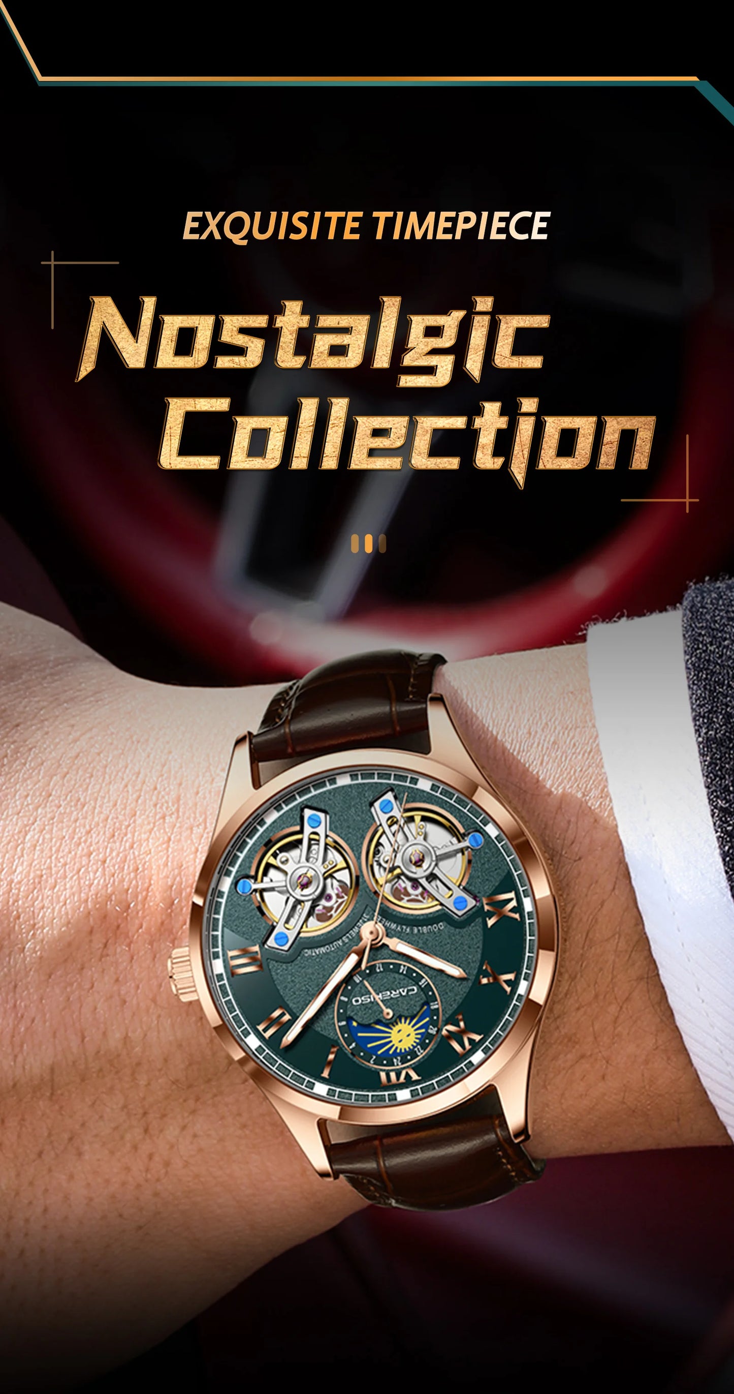 CAREKISO Fashion Men's Clock Double Hollow Tourbillon Automatic Mechanical Man Watch Waterproof Luminous Leather Men's Watches+Box
