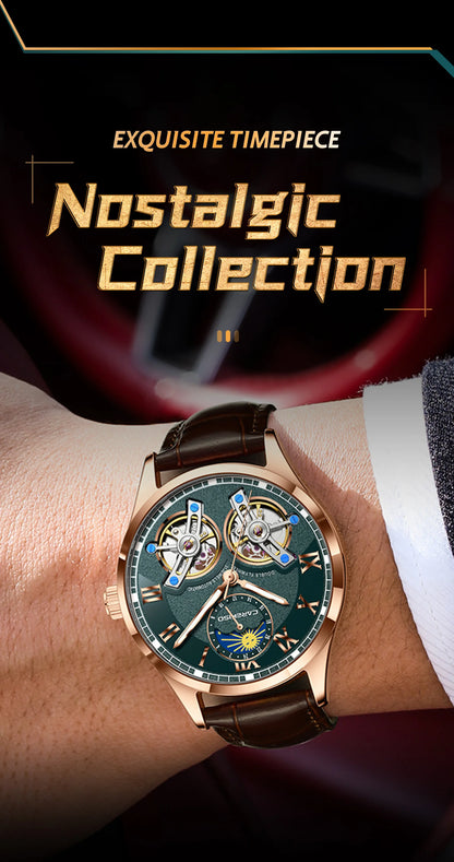 CAREKISO Fashion Men's Clock Double Hollow Tourbillon Automatic Mechanical Man Watch Waterproof Luminous Leather Men's Watches+Box
