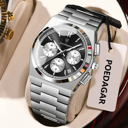 POEDAGAR Luxury Men's Watch Chronograph Date Stainless Steel Casual Man Clock Waterproof Luminous Fashion Quartz Watches For Men