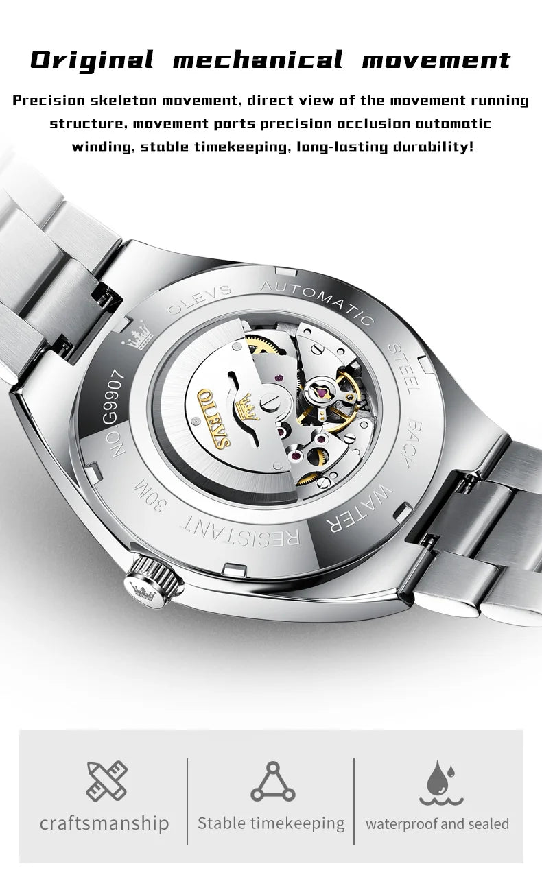 OLEVS Wristwatches Silver Gray Dial Automatic Mechanic Wrist Watch for Men Casual Sports Clock with Luminous relogios masculino