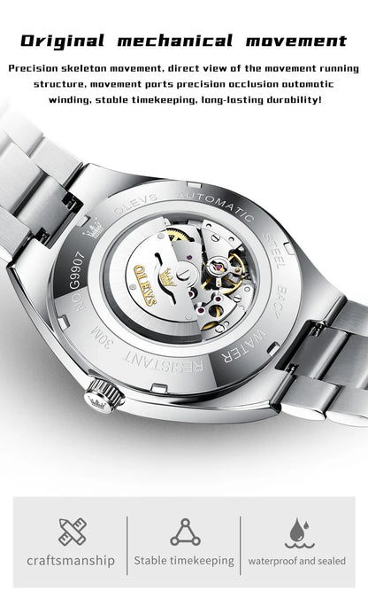 OLEVS Wristwatches Silver Gray Dial Automatic Mechanic Wrist Watch for Men Casual Sports Clock with Luminous relogios masculino