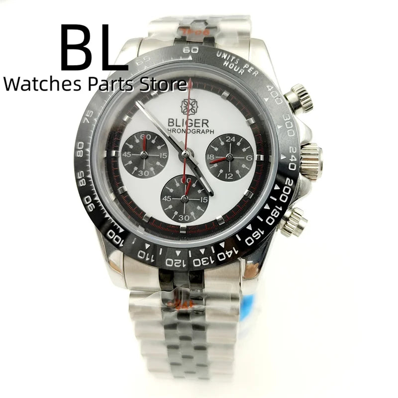 BLIGER 39mm VK63 Men's Quartz Chronograph Watch Ceramic Brown Insert Ice Blue Dial With C3 Luminous Sapphire Crystal Waterproof