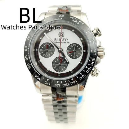 BLIGER 39mm VK63 Men's Quartz Chronograph Watch Ceramic Brown Insert Ice Blue Dial With C3 Luminous Sapphire Crystal Waterproof