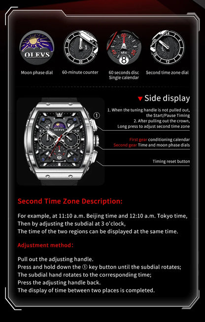 OLEVS 2942 Mens Watch Quartz Watch Multifunctional Chronograph Watches For Men 30M Waterproof Luminous Moon Phase Box Original