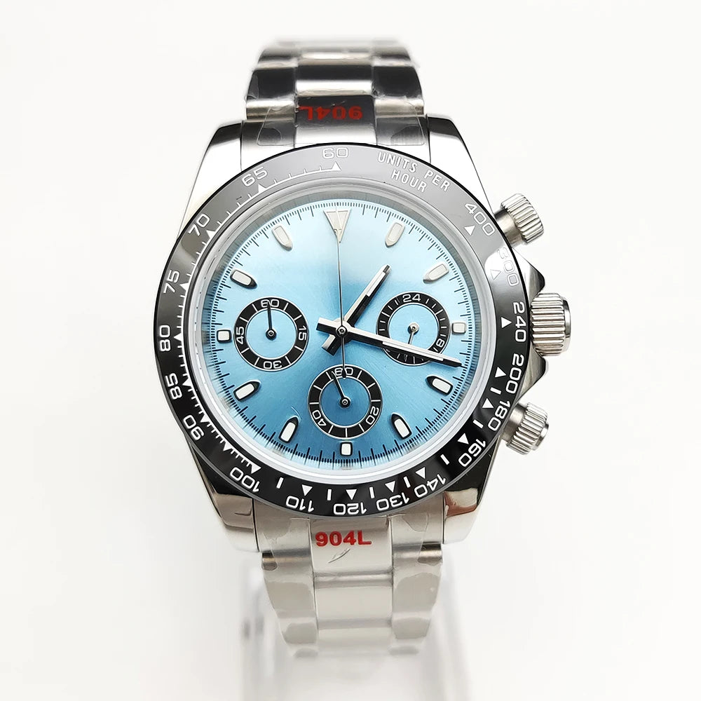 20 Color Business 39mm Quartz Watch Men's Timing Sapphire Crystal VK63 Movement Calendar Luminous Blue Dial Stainless Steel Strap