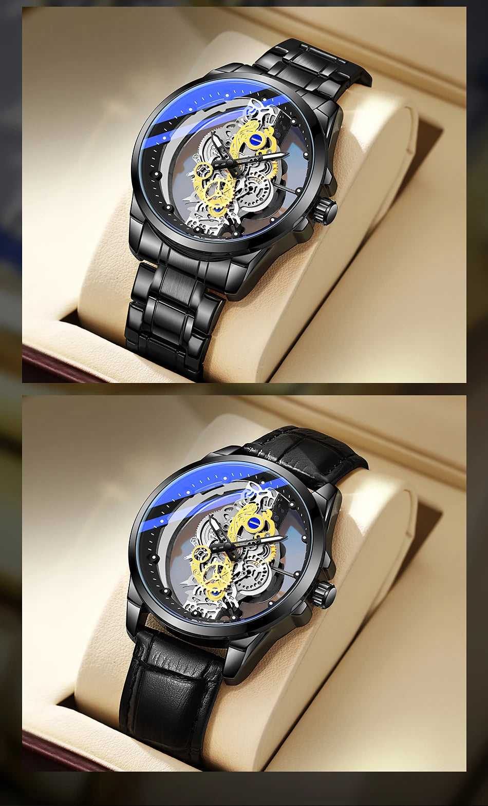 TPW Men’s Luxury Black & Gold Skeleton Quartz Watch Fashion Wristwatch