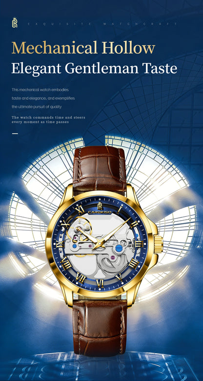 CAREKISO Fashion Men's Watches Original Mechanical Leather Men Clock Waterproof Hollow Tourbillon Automatic Man Watch Reloj Male