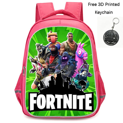 FORTNITE 16-inch Durable Lightweight Backpack, Dual Zipper Pockets, Cartoon Style for Boys & Girls Ages 6-10, Free 3D Printed Keychain