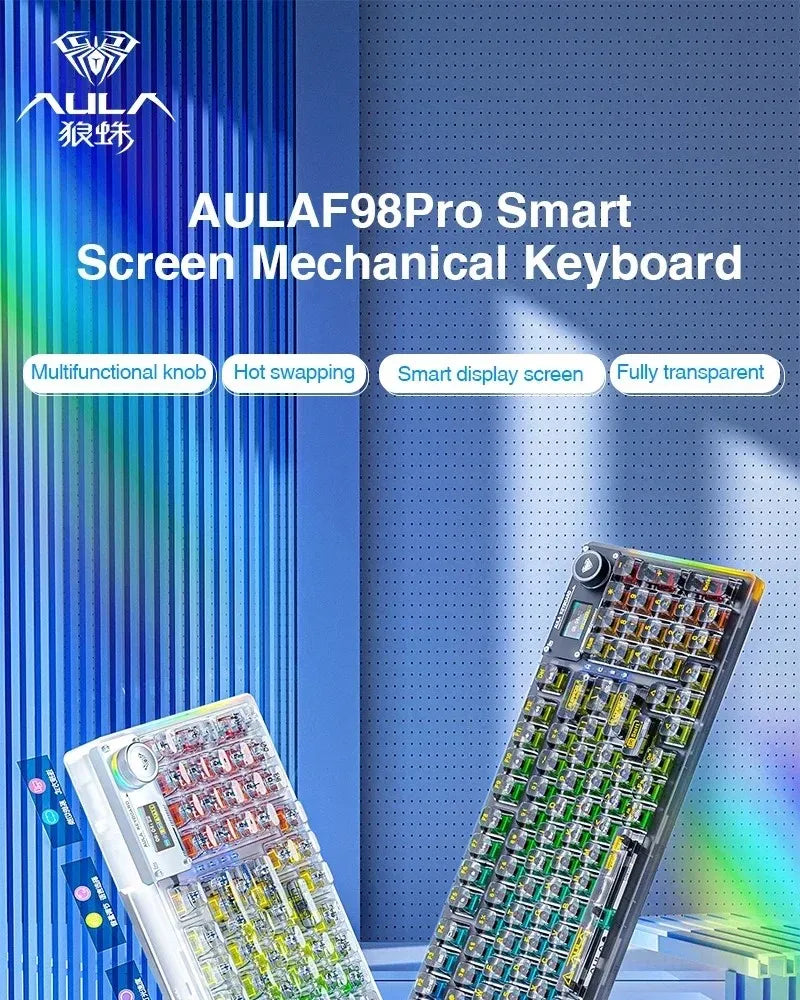 AULA F98PRO Wireless Mechanical Keyboard Transparent Keycaps RGB Backlit Custom 2.4G Hot Swappable Gaming Keyboard With Screem