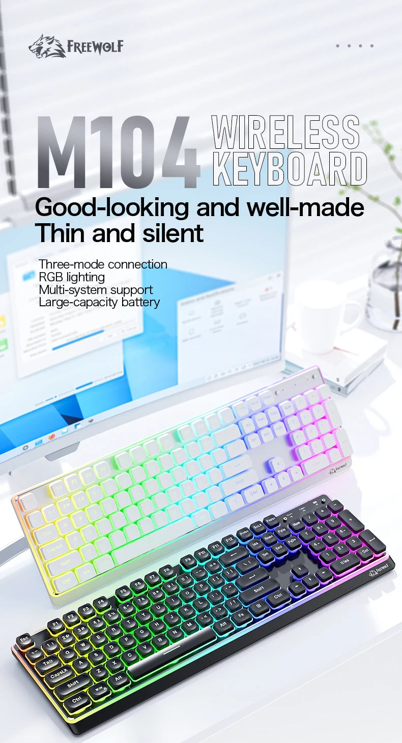 Freewolf M104 Tri-Mode Wireless Keyboard RGB 104 Keys Ultra Slim Quiet Membrane 4000mAh Large Battery for Office&Home