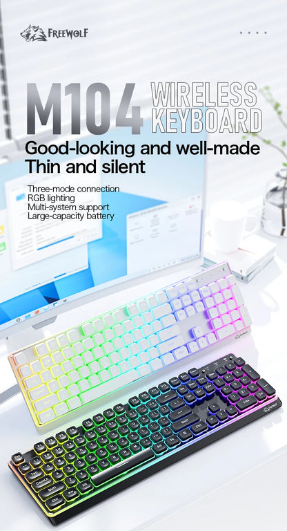 Freewolf M104 Tri-Mode Wireless Keyboard RGB 104 Keys Ultra Slim Quiet Membrane 4000mAh Large Battery for Office&Home
