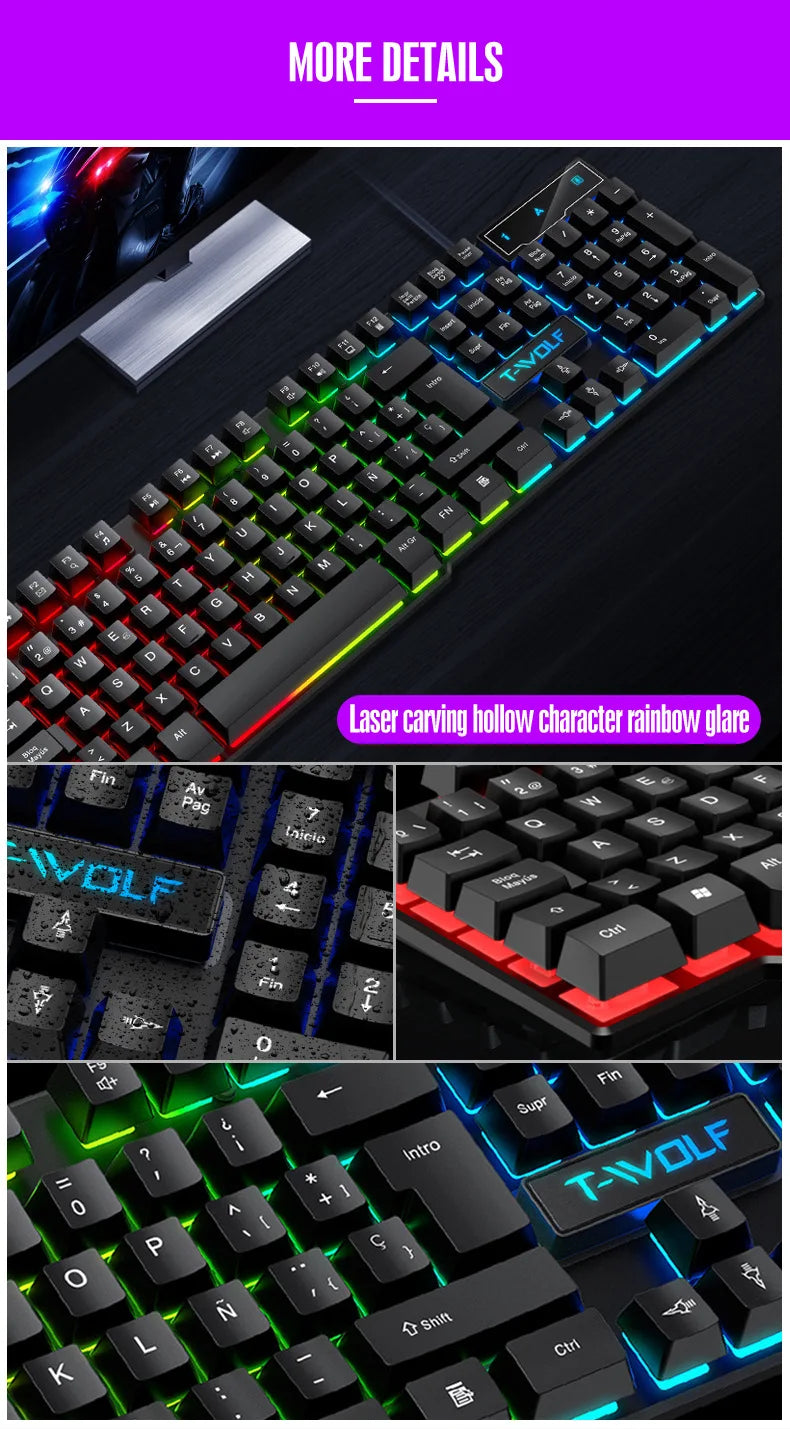 Mechanical feel Gaming Keyboard Light Backlit RGB wired keyboard USB office home media keys Russian Spanish Arabic English