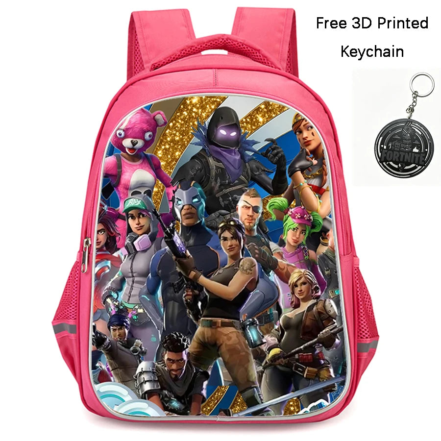 FORTNITE 16-inch Durable Lightweight Backpack, Dual Zipper Pockets, Cartoon Style for Boys & Girls Ages 6-10, Free 3D Printed Keychain