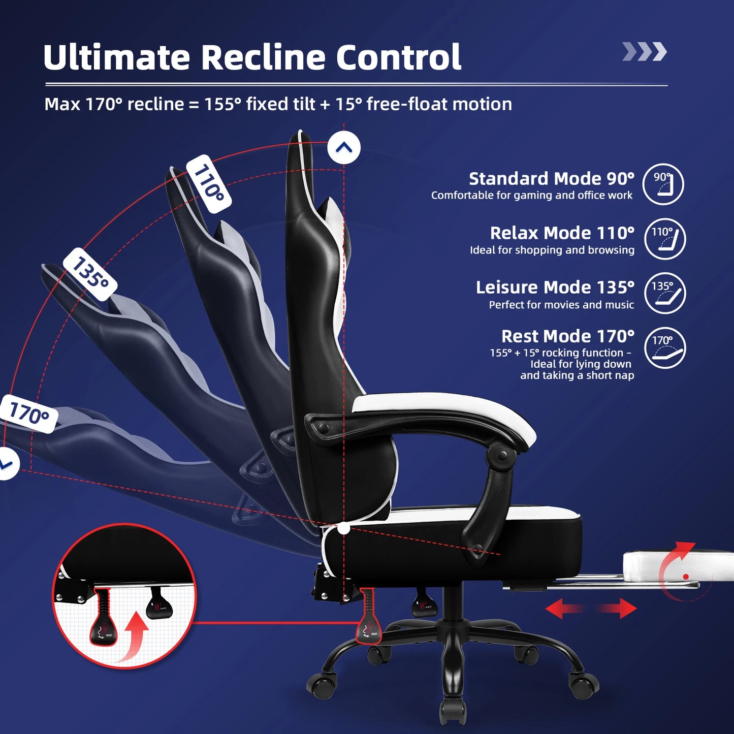 AUTHMIC Ergonomic Gaming Chair High Back Reclining Office Chair with Adjustable Lumbar Support, Headrest, Footrest & PC Gamer Seat