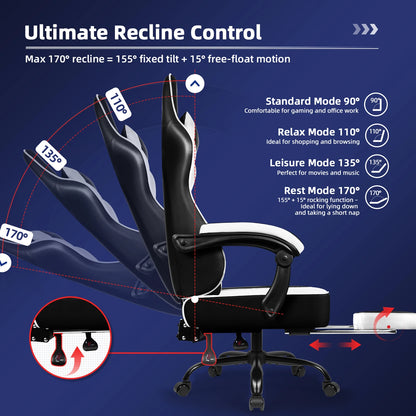 AUTHMIC Ergonomic Gaming Chair High Back Reclining Office Chair with Adjustable Lumbar Support, Headrest, Footrest & PC Gamer Seat