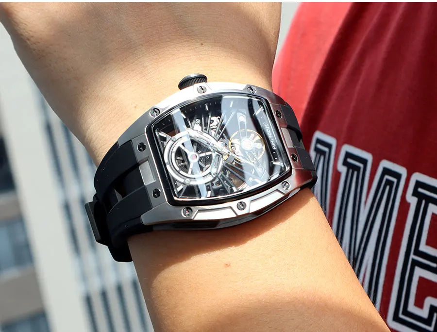MINI FOCUS Herren-Armbanduhr, modisch, schwarz, wasserdicht, automatische mechanische Uhr mit Leuchtzeigern, Silikonarmband und Tonneau-Zifferblatt