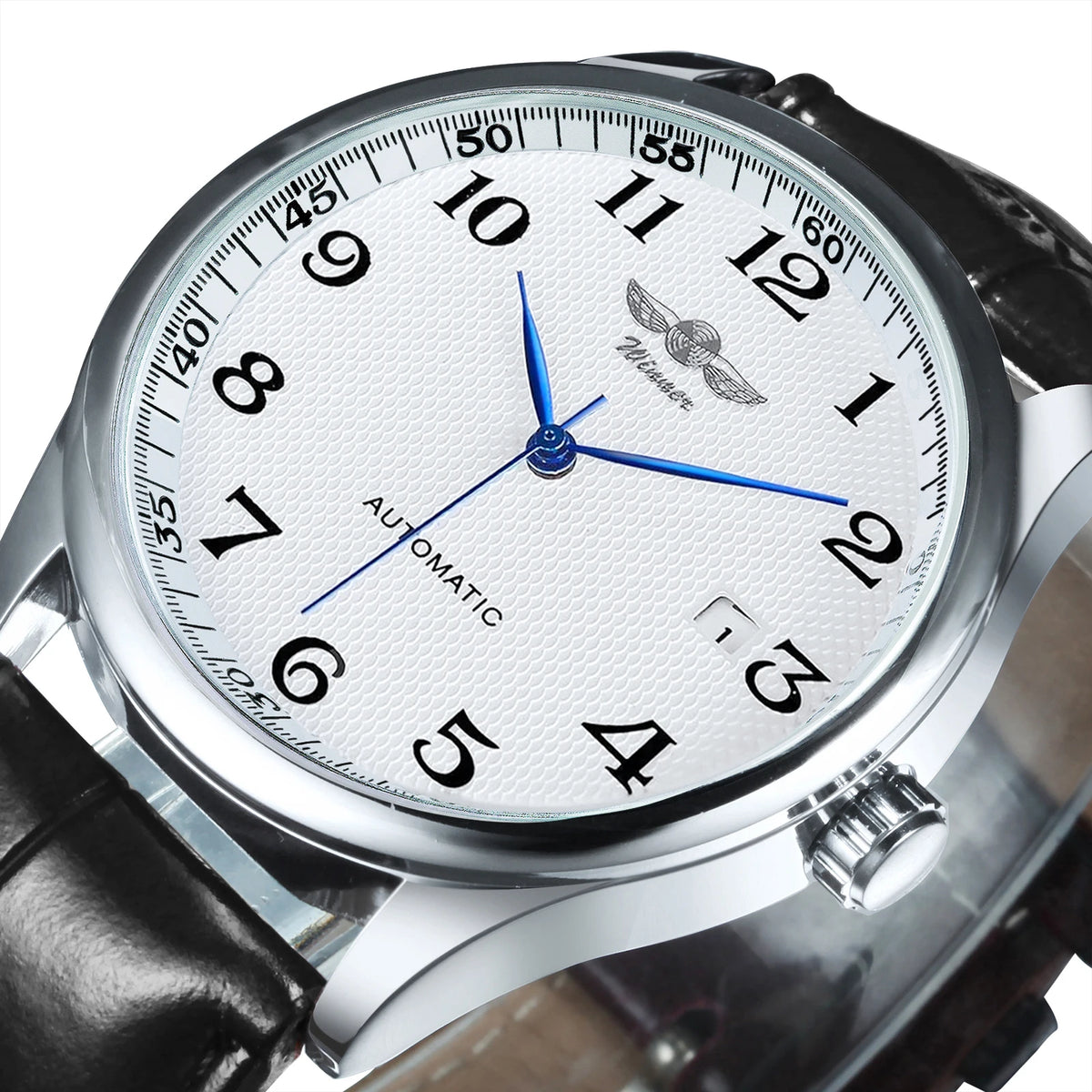 Klassiek herenhorloge – Retrostijl met datumweergave en blauwe wijzers, automatisch mechanisch uurwerk, prestigieus merk, stalen kast en leren band
