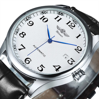 Klassiek herenhorloge – Retrostijl met datumweergave en blauwe wijzers, automatisch mechanisch uurwerk, prestigieus merk, stalen kast en leren band