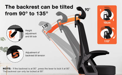 Ergonomic Office Chair with Adjustable Lumbar Support, Reclining Computer Desk Chair 90°-135°, Adjustable Headrest & Flip-Up Armrests