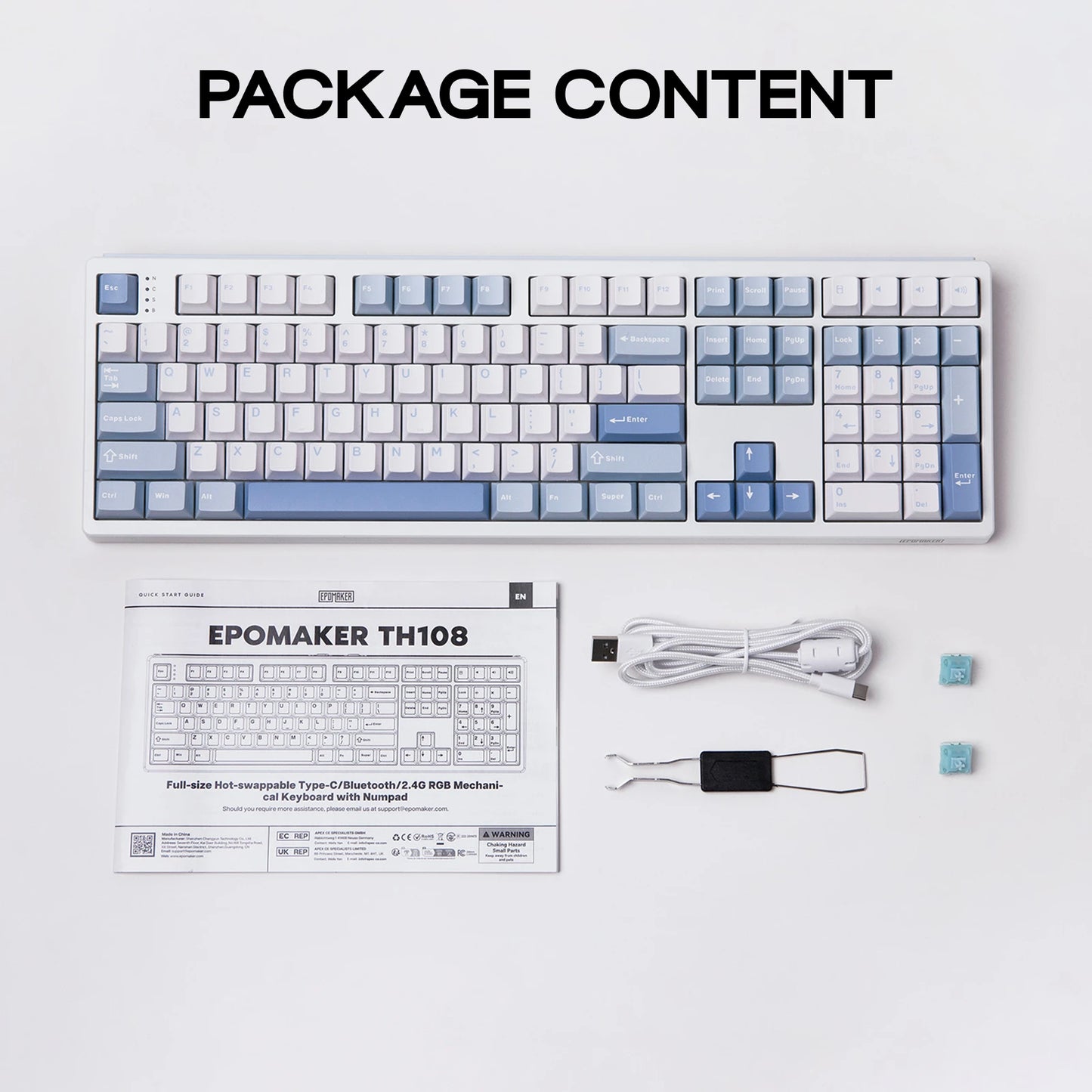 EPOMAKER TH108 100% Full Size Hot-Swap Gasket-Mounted Wired/Bluetooth/2.4Ghz Wireless Mechanical Keyboard with 10000mAh Battery